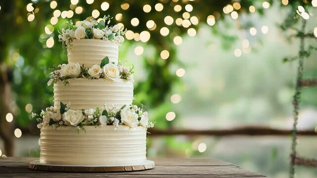 Elegant three-tier wedding cake adorned with fresh flowers, set against a beautifully lit backdrop of soft bokeh lights