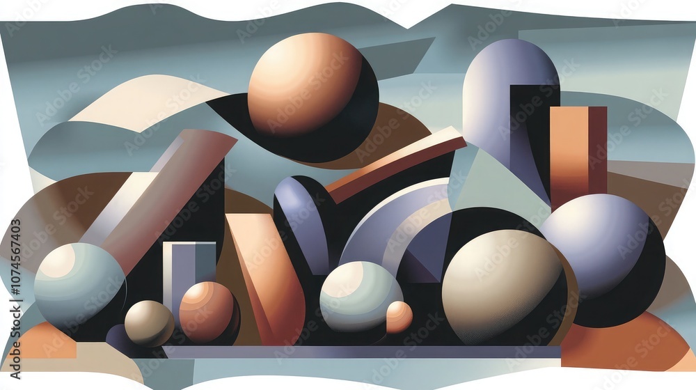 Poster abstract geometric composition featuring varied shapes, soft colors, and a sense of depth, ideal for