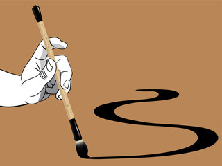 A hand holding a Chinese calligraphy brush. Vector, with plain color background.