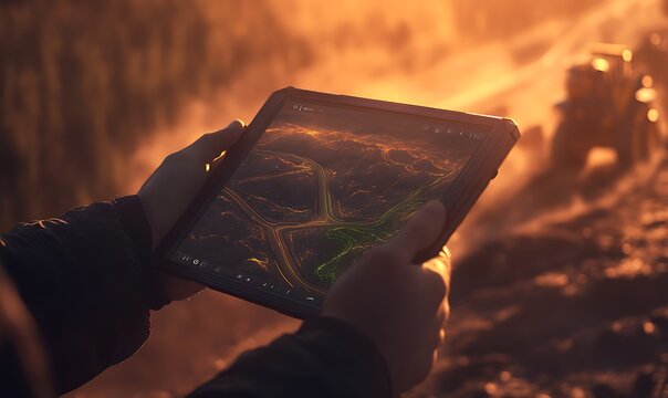 A person holds a tablet displaying a colorful digital map, surrounded by a warm, sunset-lit outdoor landscape.