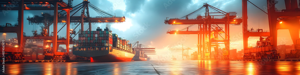 Poster panoramic view of a bustling seaport with towering cargo containers and massive cranes loading and u