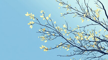 Fototapeta premium Delicate yellow leaves on branches against clear blue sky