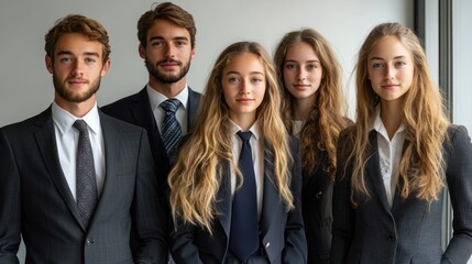 British business group, all ages, teens to seniors, formal wear, isolated, white background