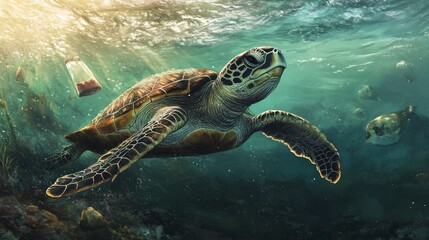 Obraz premium A sea turtle swims through polluted waters, showing ocean ecosystems at risk from rising temperatures. --ar 16:9 --v 6.1 Job ID: a1abd55d-8141-40e9-9ea2-cd96fbac2dbf