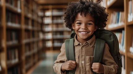 A joyful boy with a backpack poses in a library, beaming happiness. The surrounding bookshelves emphasize a love for reading, knowledge, and youthful enthusiasm.