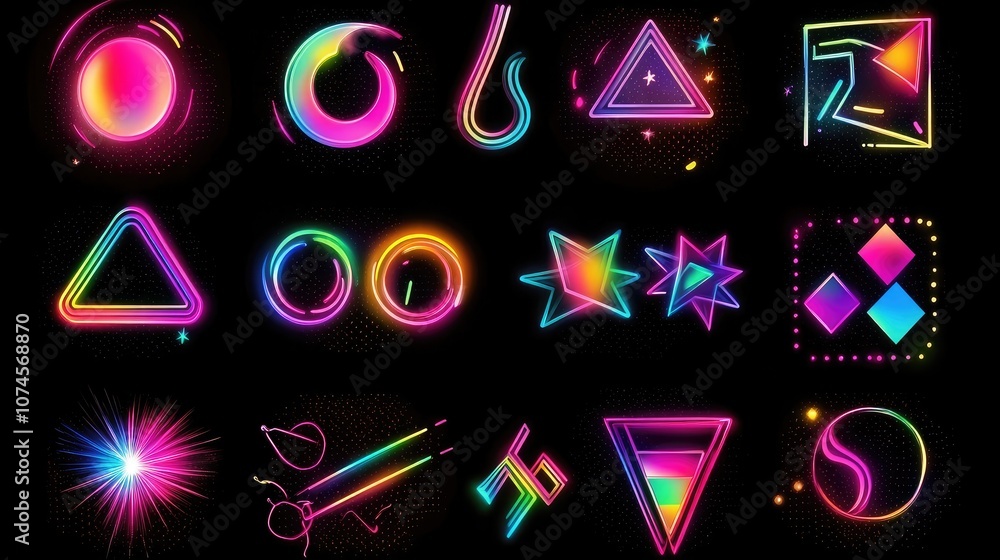 Poster vibrant and colorful neon shapes and patterns for backgrounds, illustrations, or graphic design proj
