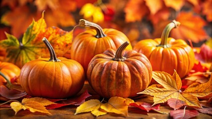 Vibrant Orange Pumpkins Surrounded by Colorful Fall Leaves Creating a Stunning Harvest Display on a Soft Light Background for Autumn Seasonal Decor