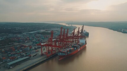 Naklejka premium Aerial View of Busy Shipping Port with Container Ships and Cranes During Golden Hour, Reflecting Calm Waters and Industrial Activity