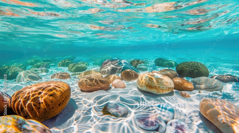 Poster a close-up image of rocks and shells underwater, perfect for use in nature or ocean-related themes