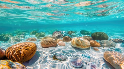 A close-up image of rocks and shells underwater, perfect for use in nature or ocean-related themes