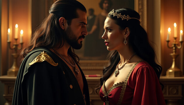 Jezebel and her ally plotting dark schemes in their lavish palace, shadows dancing in the candlelight