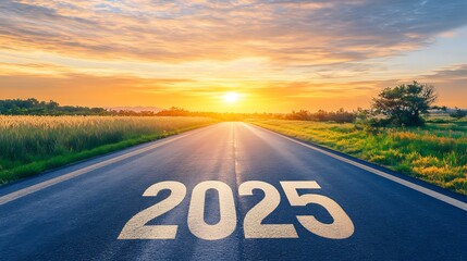 A road leading distance with "2025" written on it with sunrising