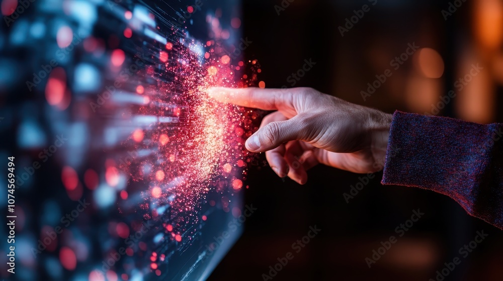Poster a hand reaches out to interact with a glowing digital holographic interface, showcasing a futuristic