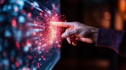 A hand reaches out to interact with a glowing digital holographic interface, showcasing a futuristic concept combining technology and human interaction in a vivid display.