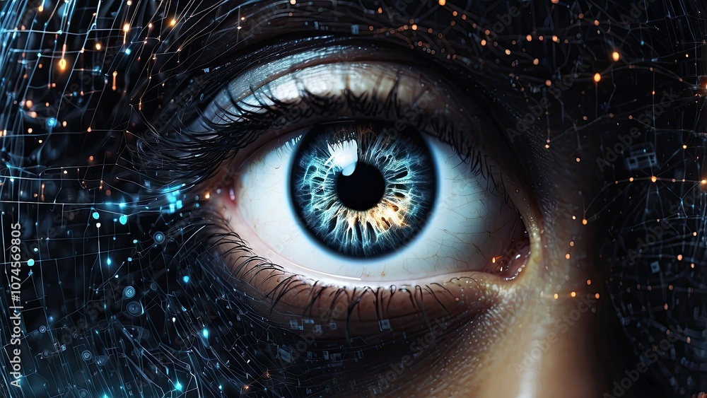 Poster an abstract network information background, a banner with a cyber security topic, and the eye of a p