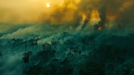 Smoke-filled skies over a dense forest reveal the toll of wildfires in a warming world. --ar 16:9 --v 6.1 Job ID: 95f9078a-7f28-4264-96cb-bd4f8e05d9e3