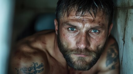 Close-up view of a rugged man with striking blue eyes, tattoos, and a serious expression, exuding a strong and introspective presence.