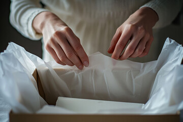 Woman Carefully Placing Items in a Box from Above