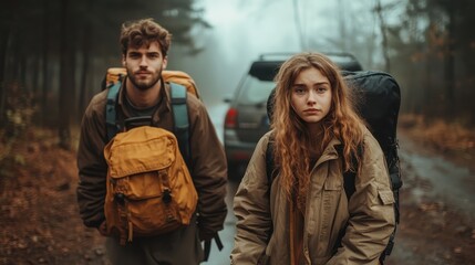 Fototapeta premium A young pair stands with large backpacks on a misty forest path, ready for an outdoor adventure, surrounded by the dense green foliage of woodland trees.