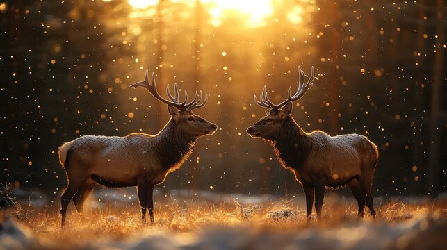 A pair of deer with impressive antlers stand side by side in a forest, bathed in the warm, golden light of a setting sun, evoking warmth and natural beauty. - Powered by Adobe