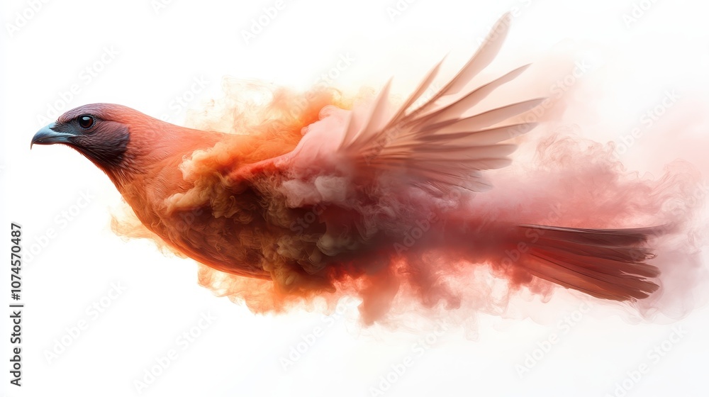 Poster a dynamic and artistic depiction of a vibrant orange bird in flight, surrounded by a swirling mist o