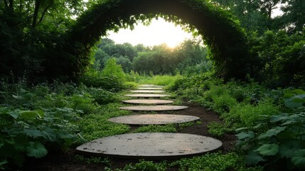 Large circular stepping stones create a path through a leafy arch toward a sunlit forest, offering a scenic and inviting journey into nature's warm embrace.
