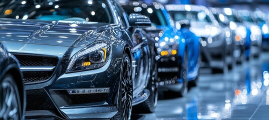 Obraz premium Lineup of Sleek, Modern Automobiles on Display, Conveying Luxury and Automotive Industry Trends.