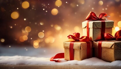 A stack of beautifully wrapped holiday presents with festive decorations and a golden glow.