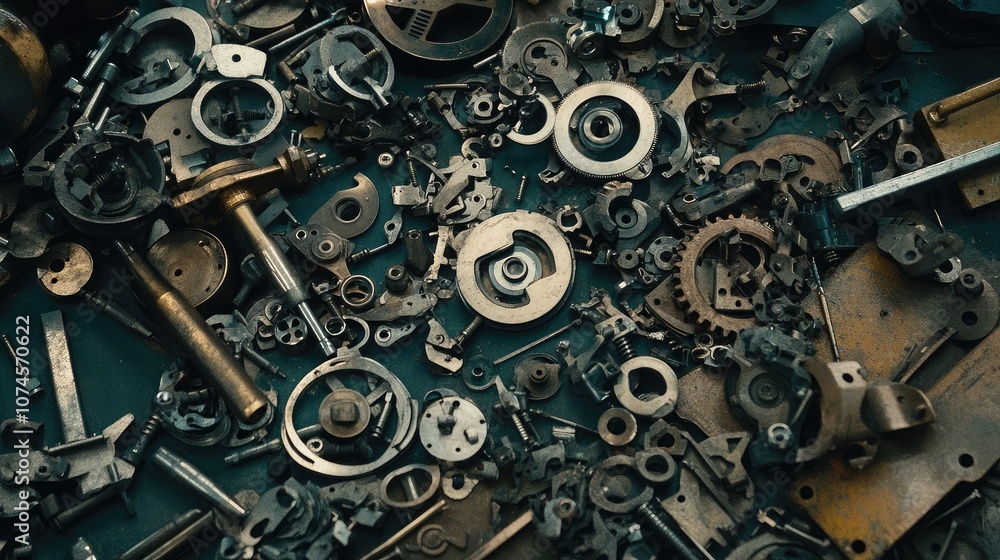 Poster diverse collection of vintage mechanical parts and components spread across a surface with various s