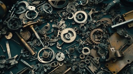 Diverse Collection of Vintage Mechanical Parts and Components Spread Across a Surface with Various Shapes and Textures, Ideal for Design and Background Uses