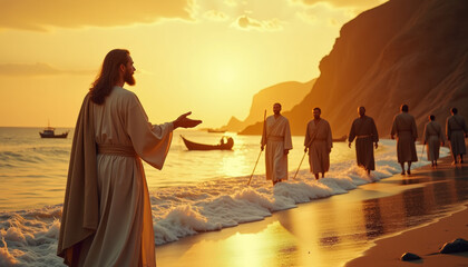 Jesus calling his disciples by the shore at sunset, inviting them to follow him along the tranquil waves and golden sands