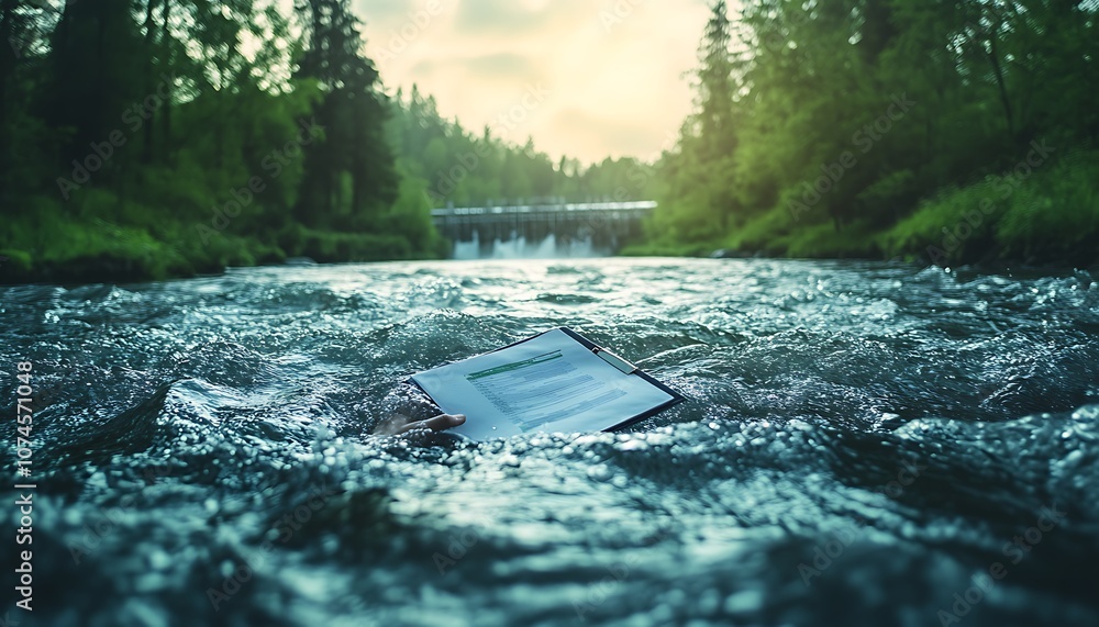 Poster A serene river scene featuring a single sheet of paper floating gently on the water, surrounded by lush greenery and a distant bridge.