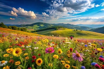 Fototapeta premium Vibrant Summer Field with Wildflowers Under a Bright Blue Sky and Distant Hills in the Background, Capturing the Essence of Nature’s Beauty and Serenity in a Scenic Landscape