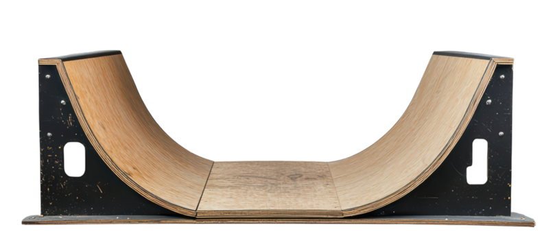 Wooden skate ramp on a transparent background, perfect for skateboarding and extreme sports designs.