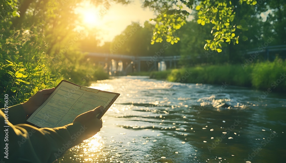 Poster a serene riverside scene featuring a person reading as the sun sets, surrounded by lush greenery and