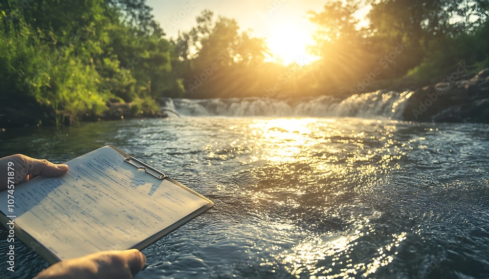Poster a serene scene featuring a person holding a notebook by a flowing stream, illuminated by the warm gl