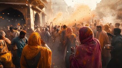 Fototapeta premium A crowd of people celebrating Holi festival in India, covered in colorful powder, with a building in the background.