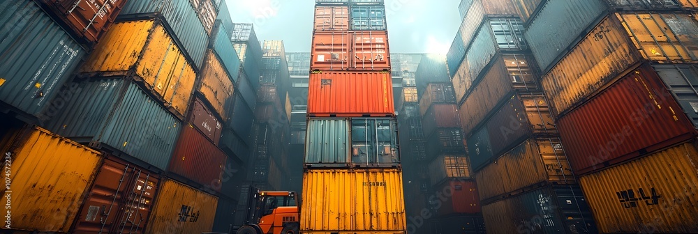 Poster stacks of shipping containers towering in a bustling urban logistics hub,representing the global sup