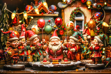 Fototapeta premium Festive santa claus birthday celebration with elves and balloons in christmas decor