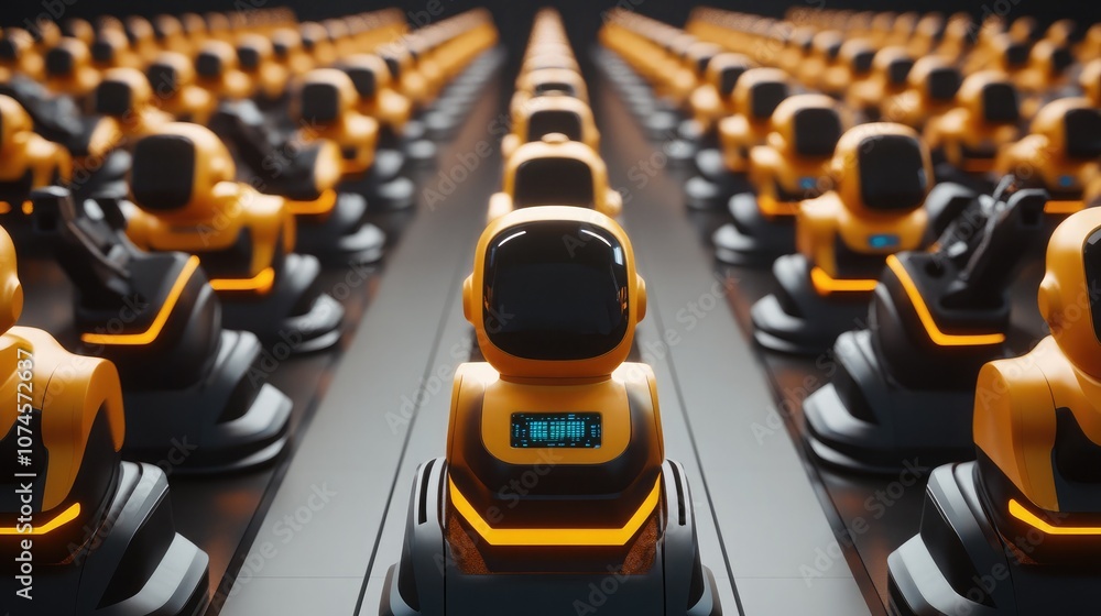 Aufkleber futuristic assembly line featuring rows of robotic figures with glossy yellow accents and high-tech 