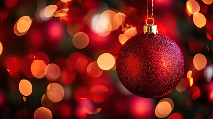 Fototapeta premium Vibrant red christmas ornament with glowing bokeh lights in festive holiday setting