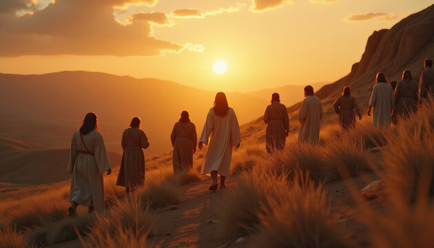Healing the ten lepers from a distance during a sunset in a serene landscape