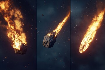 Fiery meteor shower with burning rocks, dynamic motion, and cosmic background