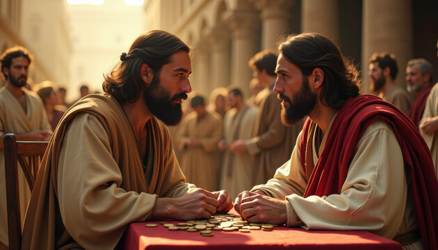 The calling of Levi the tax collector in a bustling ancient marketplace during the time of Jesus' ministry