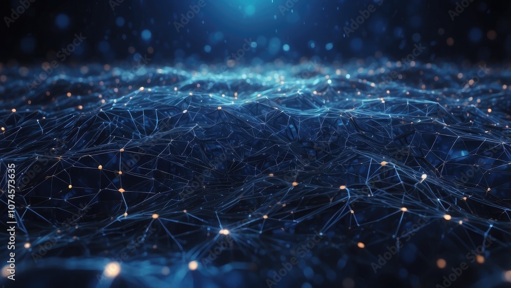 Poster a network surface with lights and lines in abstract space during a nighttime rainstorm with a dark b