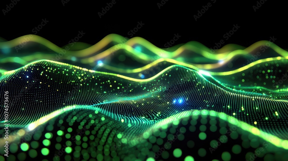 Aufkleber abstract digital waves of green light with sparkling particles creating a dynamic and lively energy 