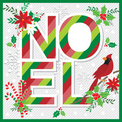Christmas card with Noel, wreath and cardinal bird