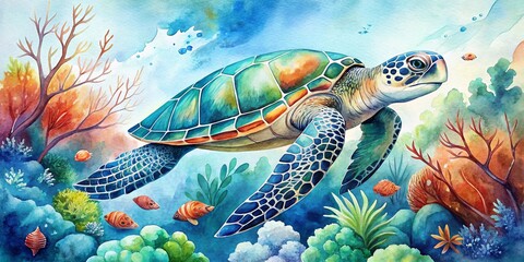 Fototapeta premium Vibrant Watercolor Turtle Swimming Through Coral Reefs in a Serene Underwater Scene Perfect for Nature Lovers and Marine Life Enthusiasts - A Stunning Artistic Representation