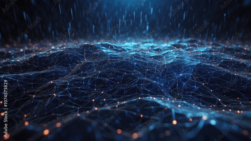 Aufkleber a network surface with lights and lines in abstract space during a nighttime rainstorm with a dark b