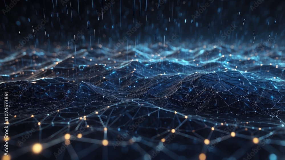 Poster a network surface with lights and lines in abstract space during a nighttime rainstorm with a dark b